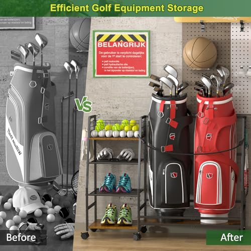 DAOUTIME Golf Bag Storage Rack for Garage | Holds 2 Bags with Wheels & Accessories