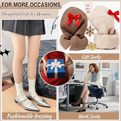 MOGGEI Wool Boot Socks - Medium, Khaki / Coffee / Beige / Black - 5 Pairs Winter Warm Cozy Breathable Casual Work Socks for Women