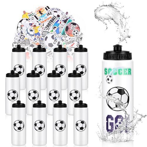 Soccer Water Bottles Set - 12pcs 20oz with 300 Stickers, Sports Drink Bottles