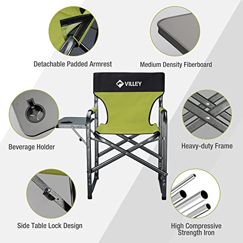 Heavy Duty Folding Directors Chair 350 lbs Capacity with Side Table - Green, 20x22x35 inches