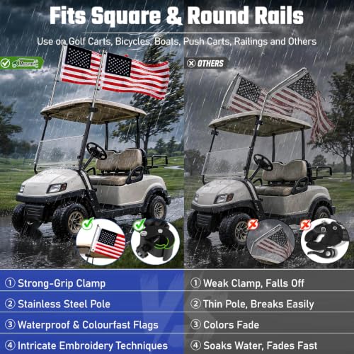 Golf Cart Flag Holder Mount Kit with USA Flag - 15.7 Inch Flag Pole 2 Pack