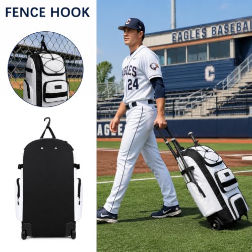 White 55L Wheeled Baseball & Softball Bag with Bat Holders & Ventilated Cleat Compartment