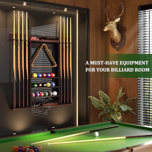 Dark Brown Bamboo Pool Cue Rack Wall Mounted for 8 Cues and Accessories