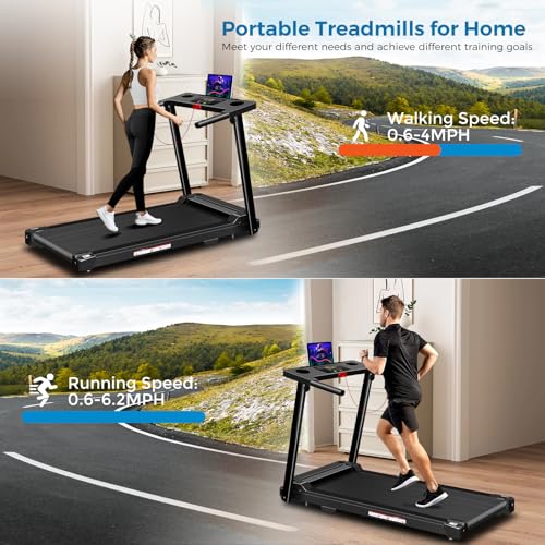 Black Portable Foldable Treadmill for Home with Handles - 300 lbs Capacity, Walking Pad, Lightweight & Compact