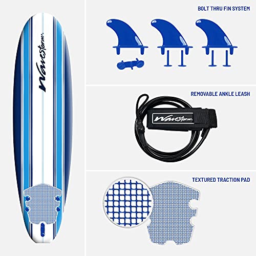 WaveStorm 7ft Classic Soft Top Foam Surfboard - Beginner & All Levels Complete Set with Fins & Leash - Blue Pinline (Surfboard)