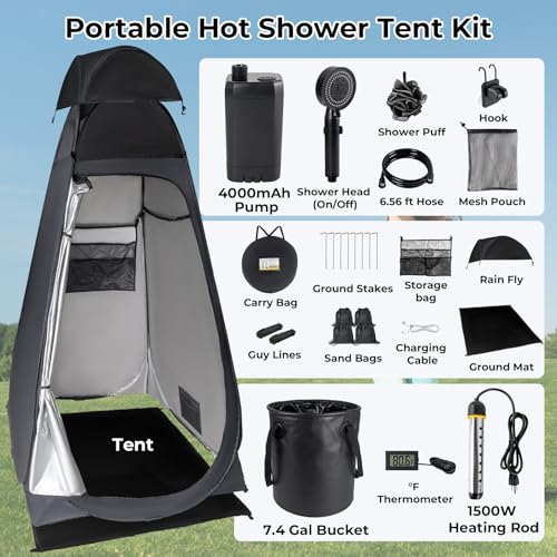 Portable Camping Shower Kit with Pop-Up Privacy Tent & 1500W Heater – Black