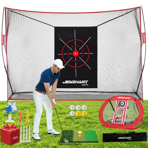 JensHant 10 x 7 ft Golf Practice Net with Chipping Target, Foldable Mat, 8 Tees & 6 Balls – All-in-One Backyard Indoor Outdoor Golf Hitting System