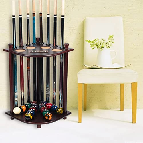 Mahogany Floor Pool Cue Holder Stand for 8 Cues and Accessories