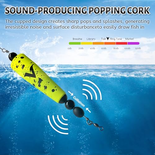 3-Inch Yellow with Black Splatter Pre-Rigged Saltwater Popping Cork with Steel Wire Leader - Rattling Beads for Redfish Trout Snook