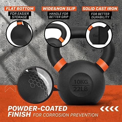 Orange Powder Coated Kettlebell 9-88 lb - Solid Cast Iron, Wide Handle, Non-Slip Base