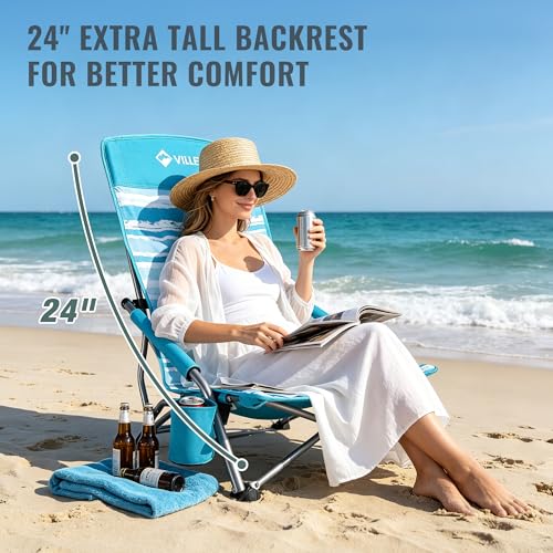 Villey Blue Stripes High Back Folding Beach Chair for Adults, Lightweight & Durable