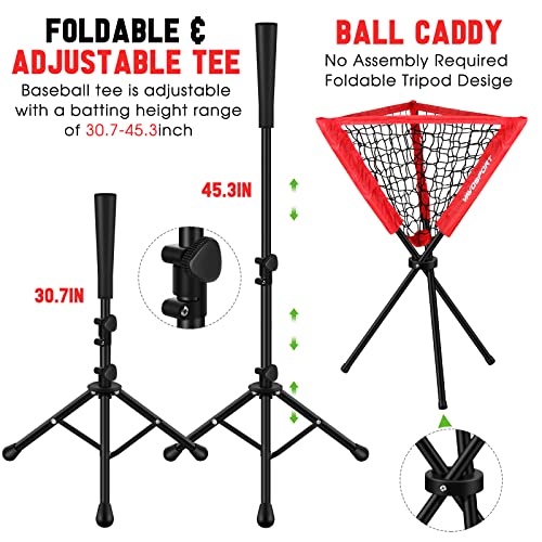 Baseball Net Set with Batting Tee & Ball Caddy - Portable Softball & Baseball Practice Equipment - Red