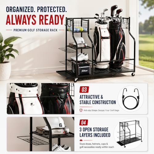 Golf Bag Storage Rack with Wheels - Garage Organizer for Clubs & Accessories
