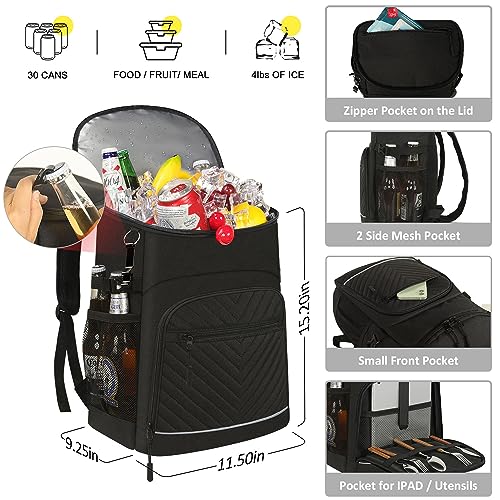Capolo 30 Cans Insulated Leakproof Waterproof Cooler Backpack Black - Large Capacity