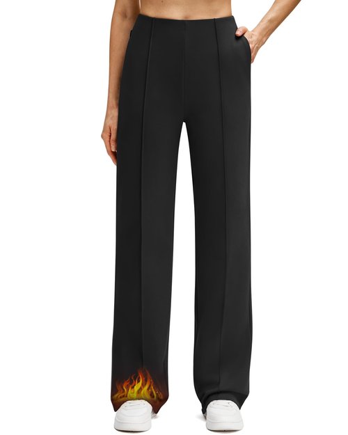 G4Free Women's Fleece Lined Wide Leg Pants Hidden Waist Front Seam Thermal Trousers with Pockets (Black,M,29")