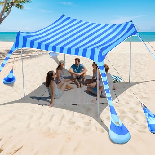 Blue Striped 10x10 FT Beach Tent Sun Shelter with UPF 50+ UV Protection