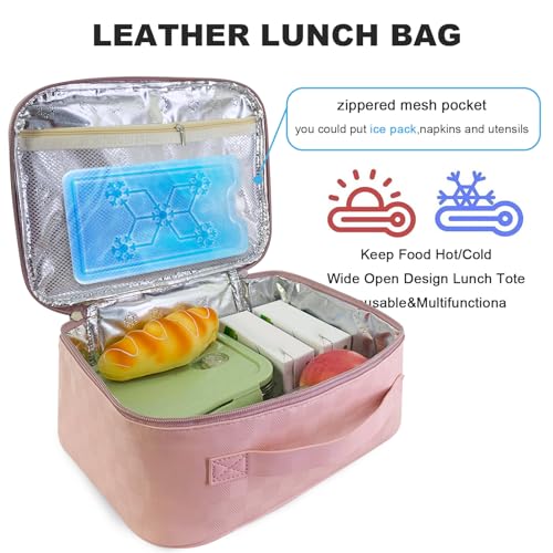 Pink PU Leather Lunch Bag for Women Men Reusable Insulated Cooler Tote