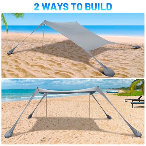 Gray 10x10FT Family Beach Tent Canopy Sun Shade with 4 Poles, Portable & Waterproof