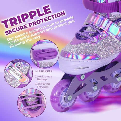 Nattork Adjustable Inline Skates for Girls - Dream Purple, Light Up Wheels, Size 1-4