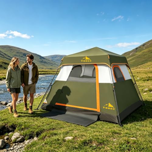 4 Person Army Green Camping Tent with Instant Setup, Waterproof, 8x8 ft, 1 Door & 4 Windows