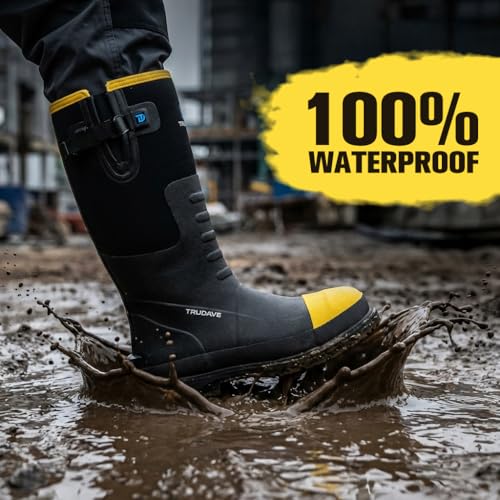 Trudave Steel Toe Rubber Work Boots for Men - Waterproof, Anti-Slip, Black, Size 6-14