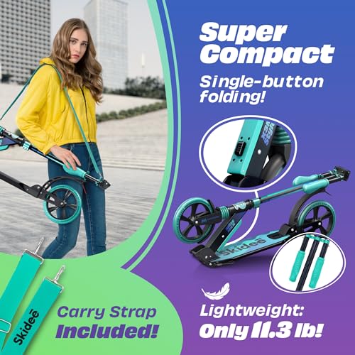 Skidee Adult & Teen Adjustable Folding Scooter - Aqua, Lightweight & Durable