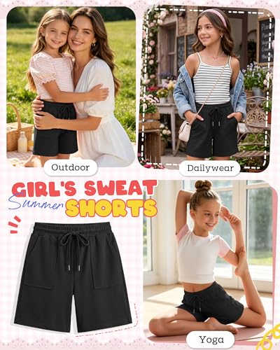 Girls Sweat Shorts Knee Length 11-12 Years Black - Breathable Athletic Comfort