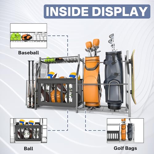 Garage Sports Equipment Organizer Stand for 2 Golf Bags and Balls
