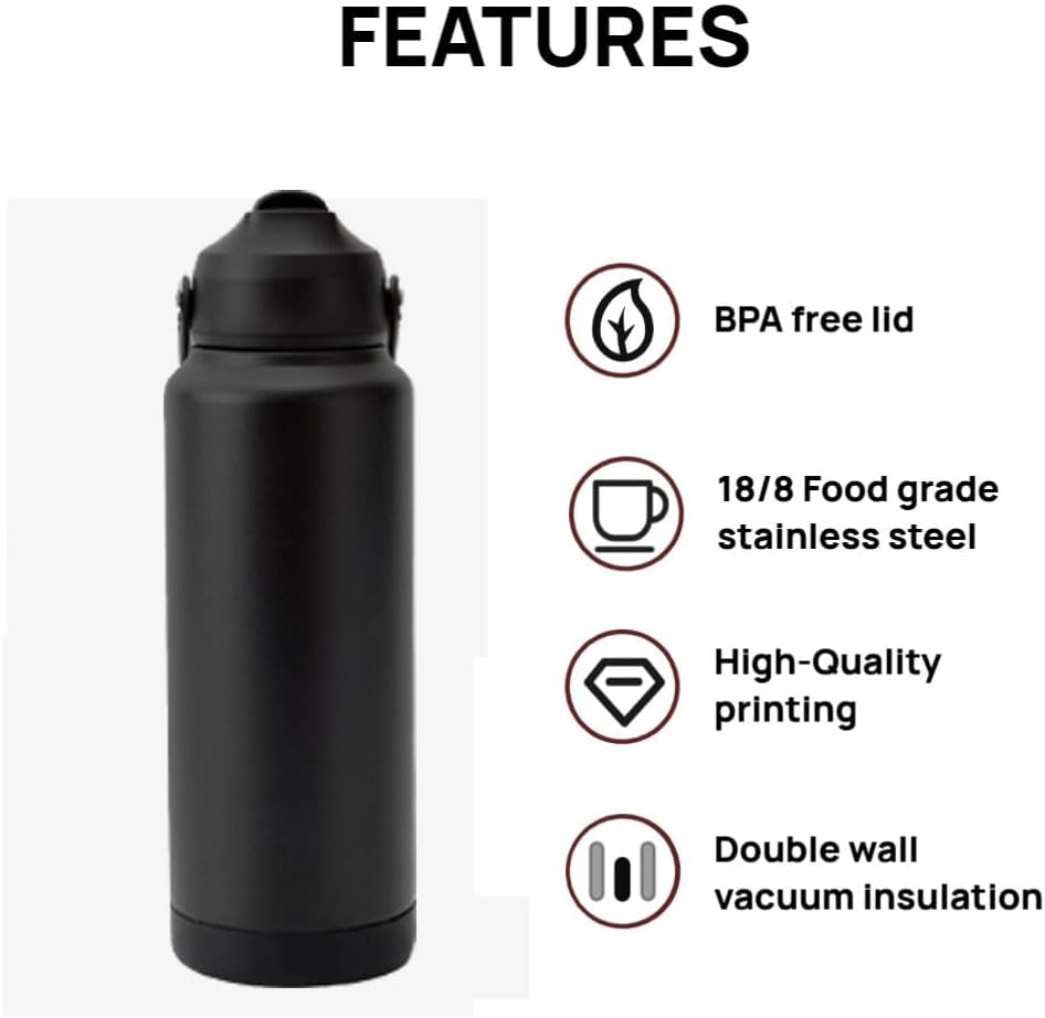 Skiennix 32 oz Insulated Water Bottle - Leak-Proof Stainless Steel with Flip-Top Straw Lid | Black
