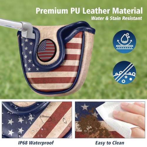 Golf Club Head Cover - Mallet Putter Cover with US Flag Embroidery - Fits Most Putters