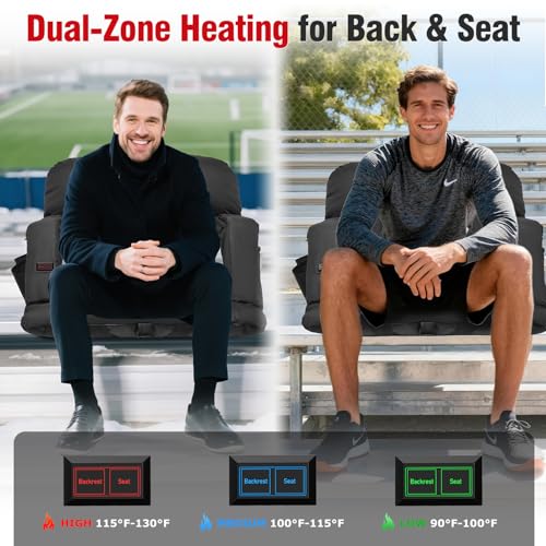 Suteck Heated Stadium Seat with Back Support - 23" Wide, Black, with Remote & Storage