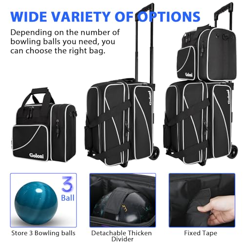 Goloni 3-Ball Bowling Bag with Wheels - Black, Double Roller with Shoe Compartment