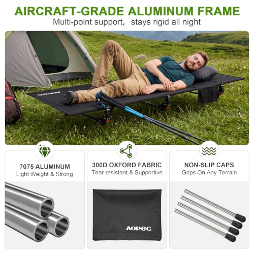 Height Adjustable Camping Cot - Heavy-Duty Aluminum Frame, 75"L x 27.5"W, Black