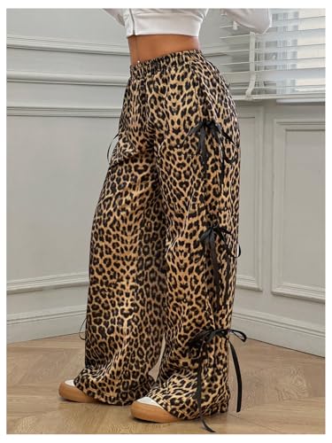 Verdusa Women's Y2K Bow Wide Leg Parachute Pants - Leopard Brown, Medium
