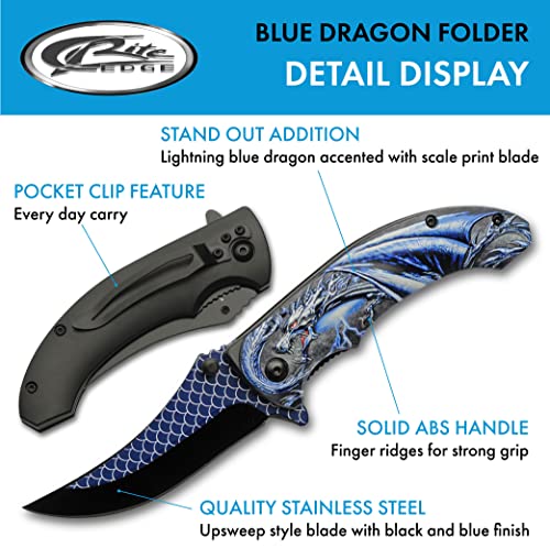 Blue Assisted Opening Folding Knife with Dragon Design - 8-Inch EDC Utility Knife