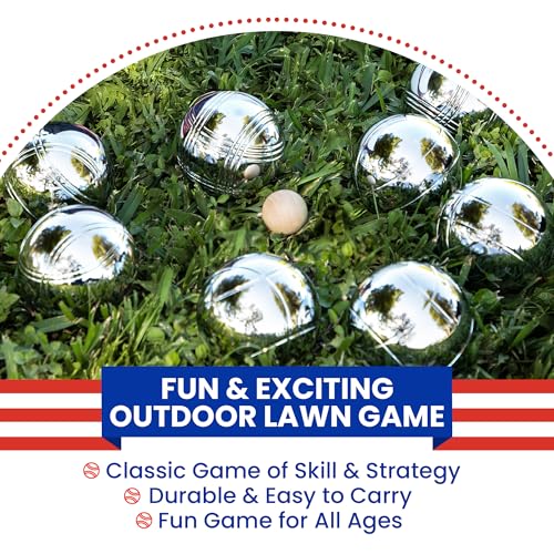 Outdoor Boules Game Set with Flag Design Carrying Case - 8 Petanque Balls for Lawn & Beach Play