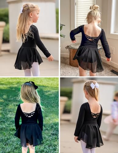 Kids Girls Long Sleeve Ballet Leotard Dance Dress Black 2-3T - Arshiner