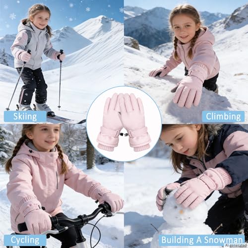 Kids Winter Gloves Waterproof Fleece Ski Snowboard Mittens Pink Medium