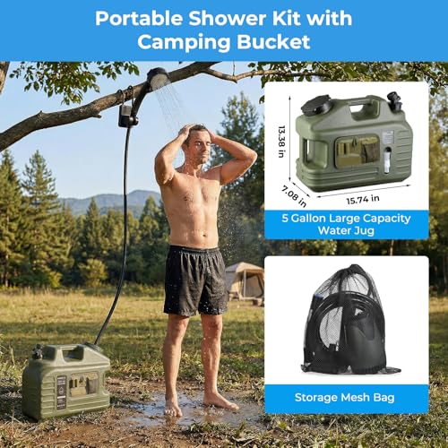 Hanaoyo Portable Camping Shower Kit with 5-Gallon Water Jug & Rechargeable Pump