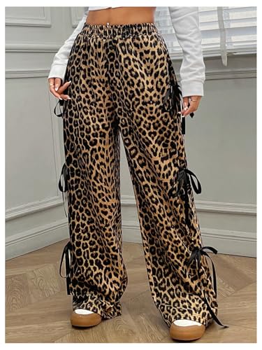 Verdusa Women's Y2K Bow Wide Leg Parachute Pants - Leopard Brown, Medium