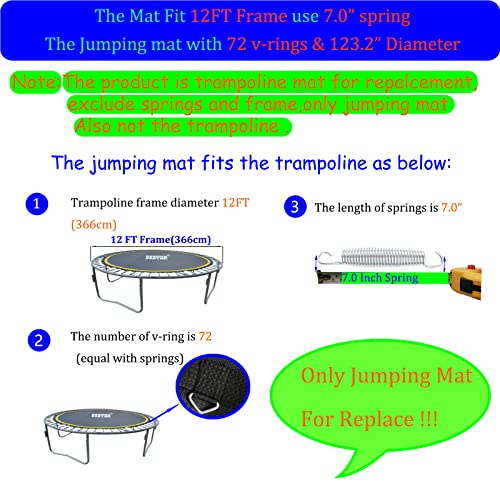 Bzzter 12ft Trampoline Replacement Mat with 10 Rows Stitching & 72 Rings, Fits 12ft Frame, 7-inch Springs, Includes Pull Hook & Gloves