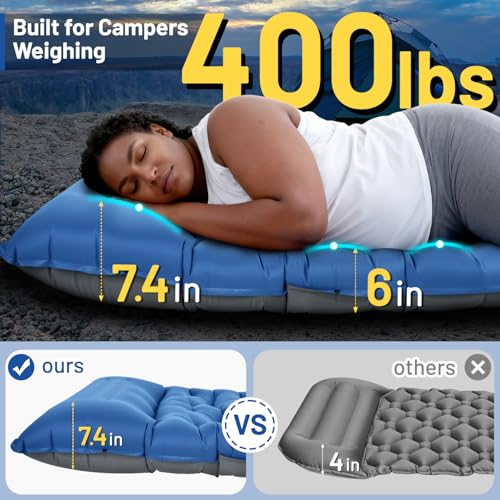 Extra Thick 6-Inch Camping Sleeping Pad with Built-In Pump - Blue & Gray