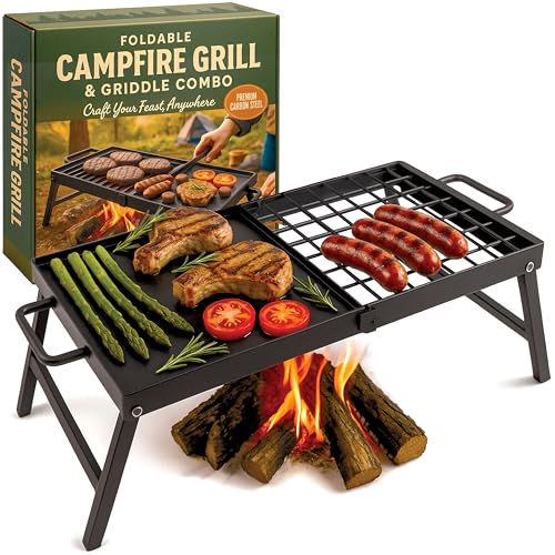 Carbon Steel Foldable Campfire Grill with Non-Stick Surface Portable Cooking Grate & Griddle