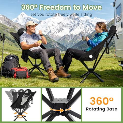 Black 360° Rotation Camping Chair with Cup Holder & High Back Support