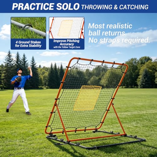 Baseball Rebounder Net - Adjustable Angles 4x4.5 ft Pitchback - Orange