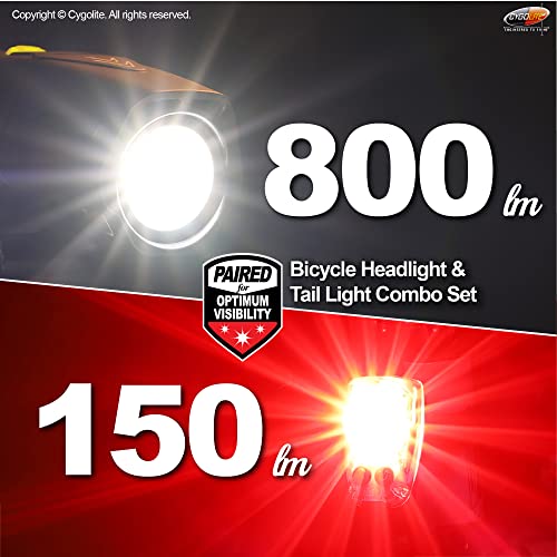 All-Season Cygolite Bike Light Set - 800 Lumen Front & 150 Lumen Tail Lights, USB Rechargeable, Safety Modes