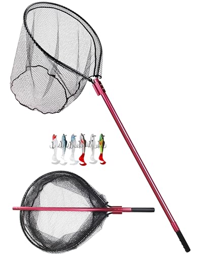 Facikono Red Heavy Duty Telescoping Fishing Net with Soft Baits, 72-94in