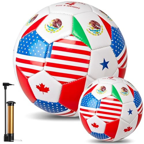 Size 4 Flag Soccer Ball - Multi Country World Flag for Training & Match - Includes Pump & Needle