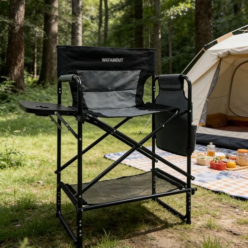 WKFAMOUT 27-Inch Tall Oversized Folding Camping Chair with Side Table, Heavy Duty Support 330LBS, Black/Grey, Seat Height 27"