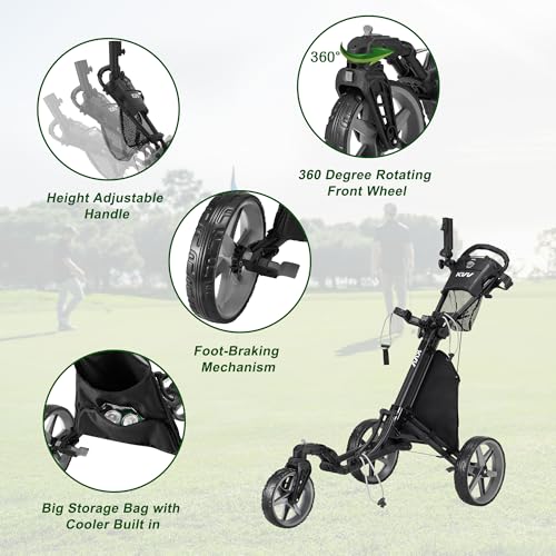KVV 3-Wheel Golf Push Cart with 360° Swivel Front Wheel, Quick Fold & Umbrella Holder - Black/Charcoal